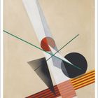 August. Abstrakte Grafik: Rote und schwarze Kreise, grüne Linien, gelbe und rote Streifen auf beigem Hintergrund.