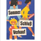 Sommer Schluß Verkauf. Illustration: Frau, Kind und Mann, die Einkaufstüten tragen, auf blauem Hintergrund.