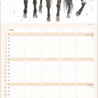 Kalenderseite für August, Illustration von drei Pferden im Aquarellstil. Monats- und Wochentage aufgelistet.