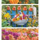 "August" mit Kalenderdaten darunter. Oben gelbe und orange Blumen, mittig Korb mit bunten Blumen, unten lila und orange Blumen.