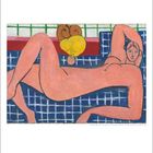 "Henri Matisse 1869-1954. Odalisque coucher, 1931." Illustration einer liegenden Figur auf blauem Kachel-Hintergrund.