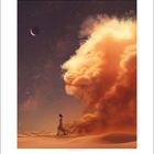 Text unten: "8", darunter Kalenderdaten. Eine Person im Kleid geht durch eine Wüste; eine Wolke in Löwenform neben ihr.