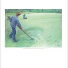 Kalenderseite für August 2027. Illustration: Mann erntet Gras auf einem Feld, andere Personen im Hintergrund.