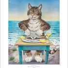 „Am Katzentisch gibt’s immer Fisch – heute Makrele.“ Eine Illustration zeigt eine Katze, die am Meer Fisch isst.