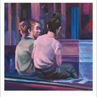 Kalenderblatt mit Zahlen 1 bis 31 unten. Zwei Personen von hinten, sitzend in buntem Umfeld. Kunstgemälde.