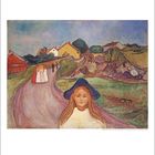 Titel des Gemäldes: "Mädchen auf der Straße" von Edvard Munch. Dargestellt ist ein Mädchen mit blauem Hut auf einem Dorfweg.