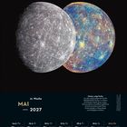 MAI 2027, 21. Woche. Merkur zeigt Farbe. Zwei Darstellungen von Merkur: links echt, rechts farbverstärkt. Mondphasen unten.