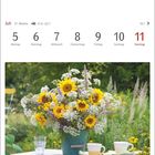 Kalenderblatt für Juli, 5. bis 11. Woche. Blumenstrauß mit Sonnenblumen in Vase, zwei Tassen und Glas auf Tisch im Garten.