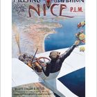 "MEETING D’AVIATION NICE P.L.M. 10-25 AVRIL 1910" steht groß. Ein Pilot hält Blumen, überblickt Nice von einem Flugzeug.