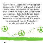 Freitext über Fußballspiel-Darstellung. Unten: "9", "Freitag", "Juli". Illustration: Drei grüne Bälle, grüne Linie.