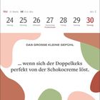 Kalender: Mai, 21. Woche. Text: "DAS GROSSE KLEINE GEFÜHL ... wenn sich der Doppelkeks perfekt von der Schokocreme löst." Farbiges Design.