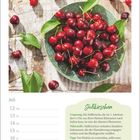 "Süßkirschen: Ursprung, Nährstoffe, Tipp. Juli-Kalender. Bild von frischen Kirschen in einer grünen Schale, Holzuntergrund."