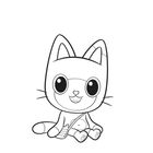 Eine niedliche Katze mit großen Augen, dicken Pfoten und einem Band um den Kopf. Es ist eine schwarz-weiße Illustration.