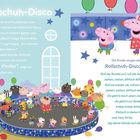 "Rollschuh-Disco" groß oben. Peppa und Freunde rollen fröhlich in bunter, festlicher Szene mit Kindern, Luftballons und Sternen.