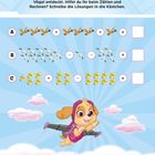 "Skye fliegt hoch hinaus! Im Himmel hat die Pilotin der PAW Patrol viele Vögel entdeckt. Hilfst du ihr beim Zählen und Rechnen?" Enthält Rechenaufgaben mit Vögeln und zeigt Skye, ein fliegender Hund.
