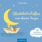 „Glücksbotschaften vom kleinen Prinzen“, Junge im Papierschiff unter gelbem Mond, umgeben von Sternen.