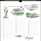 "Insel Reichenau", "August" oben Kalender. Illustrationen: Statue, Kirche, Gewächshaus, Boot. Linie für Tage 1-31.