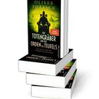 Text: "Oliver Pötzsch", "Der Totengräber und der Orden des Teufels". Vier Bücherstapel, dunkelgrünes und schwarzes Cover.