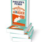 "Philippa Perry, Die Therapeutin und ihre Mörder. Dr. Pat Philipps und der tote Klient." Buchstapel mit Cover in Türkis und Orange.