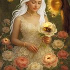 „Biene & Pfingstrose. Disziplin, Verbindlichkeit, Wertschätzung.“ Illustration: Frau in Blumen, Bienen, sanftes Licht.