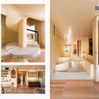 Seitenzahlen 132 und 133; Code: 046; 
Moderne, beige Innenarchitektur mit runden Treppen und eleganten Holzböden.