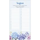 „August“, Text: „Frieden sei mit dir...“. Liste der Zahlen 1-31. Illustration: blaue und lila Blumen unten.