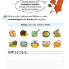 Merkwörter mit doppelten Vokalen: aa, ee, oo. Aufgabe: zusammengesetzte Nomen bilden. Bilder: Igel, Tasse, Teekanne, Fisch.