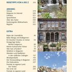 Inhalt und Seitenzahlen, Naturfotos mit Wasserfall, altem Haus und einer Straße mit Gebäuden in bergiger Landschaft.