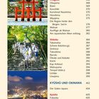 Seite 8, Inhaltsverzeichnis über Chūgoku und Shikoku. Enthält Fotos von einem roten Torii, Pilgern auf Steinstufen und einer Stadtansicht bei Nacht.