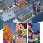 Nummer "12". Illustration: Pflanzen in Vitrinen, Person mit gelben Handschuhen hantiert mit Reagenzglas und Beeren.