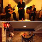 Oben: Drei Musiker mit Gitarren, eine Sängerin, Dekoration mit Fransen. Unten: "Silêncio que se vai cantar o fado!", Musiker.