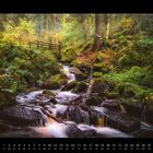 „8 2027“ und Monatskalender. Ein fließender Bach im Wald mit Brücke und üppigem Grün umgeben von Moos und Bäumen.
