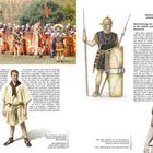 Rekrutierung der Legionen in der frühen und mittleren Kaiserzeit. Oben Links: Legionär zur Zeit des Augustus. Unten: Marmorstatue des Kriegsgottes Mars. Links oben: Römische Soldaten mit Schilden. Rechts: Illustration eines Legionärs.