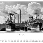 Unter dem Text "Hafenbecken vom Oberhafen" sind Schiffe vor rauchenden Schornsteinen in einem Industriehafen zu sehen.