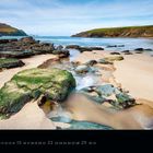 "Clogher Strand. 2027, August. Kalenderdarstellung. Sandstrand mit grünen Felsen und ruhigem Meer unter blauem Himmel."