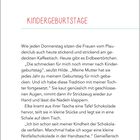 "KINDERGEBURTSTAGE" in roten Buchstaben, unten Seite 77. Text beschreibt Frauen im Plauderclub bei Kaffee und Erdbeertörtchen.