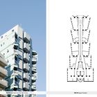 Links Text: "FIG. 75 Street view of the New Sky Building". Rechts Grundriss. Moderne, helle Gebäude mit Balkonen.