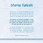 "Sterne funkeln" in blauer Schrift. Gedicht beschreibt funkelnde Sterne und Adventsstimmung. Schneeflockendesign im Hintergrund.