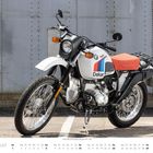 Aufschrift: "Paris Dakar". Ein weißes Motorrad mit orangener Sitzbank vor einer Metallwand. Darunter Kalender für August.