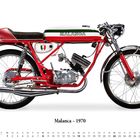 Text: "Malanca", "1970", "August". Ein rot-weißes Vintage-Motorrad mit sportlichem Design.
