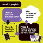 "So wird gespielt: Phase 1: Karte ziehen. Phase 2: Regelkarte ausspielen. Phase 3: Aktionskarte spielen. Ziel: 7 Karten sammeln."