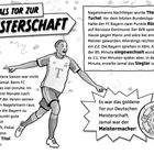 "JAMALS TOR ZUR MEISTERSCHAFT" mit Fußballspieler im Bayern-Trikot, der jubelt. Ein Pokal ist abgebildet. Dynamische Gestaltung.