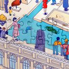 Eine Illustration eines Museums mit Personen, die Kunstwerke betrachten. Ein gelber Kinderwagen, ein Wasserbecken und ein Krokodil sind sichtbar. Einige Bereich sind als Puzzleteile hervorgehoben.