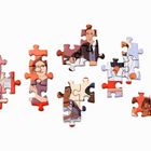 Eine Illustration aus Puzzleteilen zeigt verschiedene Personen in einem Zeichentrickstil.