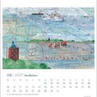 Kalenderblatt 08 | 2027, Nordlichter. Eine maritime Illustration mit Schiffen, Inselkarte, Leuchtturm und Menschen im Watt.