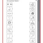 "Verbinde die Körperteile mit den dazugehörigen Tätigkeiten." Illustrationen: Körperteile links, Aktivitäten rechts.