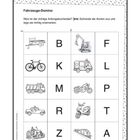 "sprachstark! Fahrzeuge-Domino: Anfangsbuchstabe? Karten ausschneiden, richtig aneinanderlegen." Bilder von Fahrzeugen.