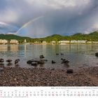 Bonn - Blick vom Rheinufer bei Bad Godesberg-Mehlem. Regenbogen über bewaldeten Hügeln, Enten am Kieselstrand, Kalender August 2027.
