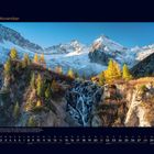 11 November. Kalender mit Text über Wanderparadies im norditalienischen Trentino. Schneebedeckte Berge, Herbstbäume, Wasserfall.