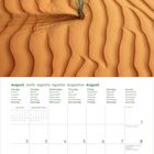 Kalenderblatt: August 2027 in mehreren Sprachen. Sanddünen mit einer Pflanze im Fokus.